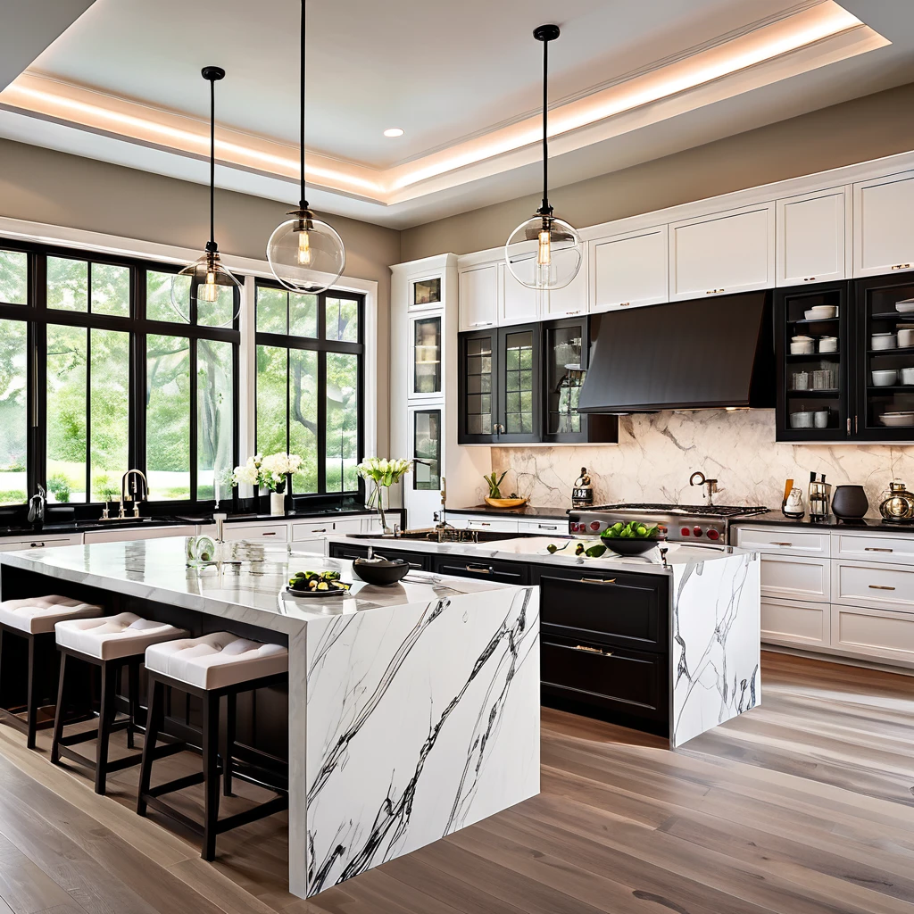 Create a contemporary kitchen with a focus on elegance and functionality. The space should feature white cabinetry paired with black countertops and multiple islands for added workspace and seating. The floor should be adorned with luxurious marble that has detailed patterns, contributing to the overall sophisticated look. Incorporate modern pendant lighting and LED lights under the cabinets and islands to enhance the bright and airy feel. Include high-end appliances and ensure the design is sleek, clean, and organized
