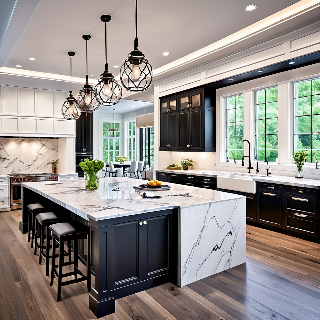 Create a contemporary kitchen with a focus on elegance and functionality. The space should feature white cabinetry paired with black countertops and multiple islands for added workspace and seating. The floor should be adorned with luxurious marble that has detailed patterns, contributing to the overall sophisticated look. Incorporate modern pendant lighting and LED lights under the cabinets and islands to enhance the bright and airy feel. Include high-end appliances and ensure the design is sleek, clean, and organized