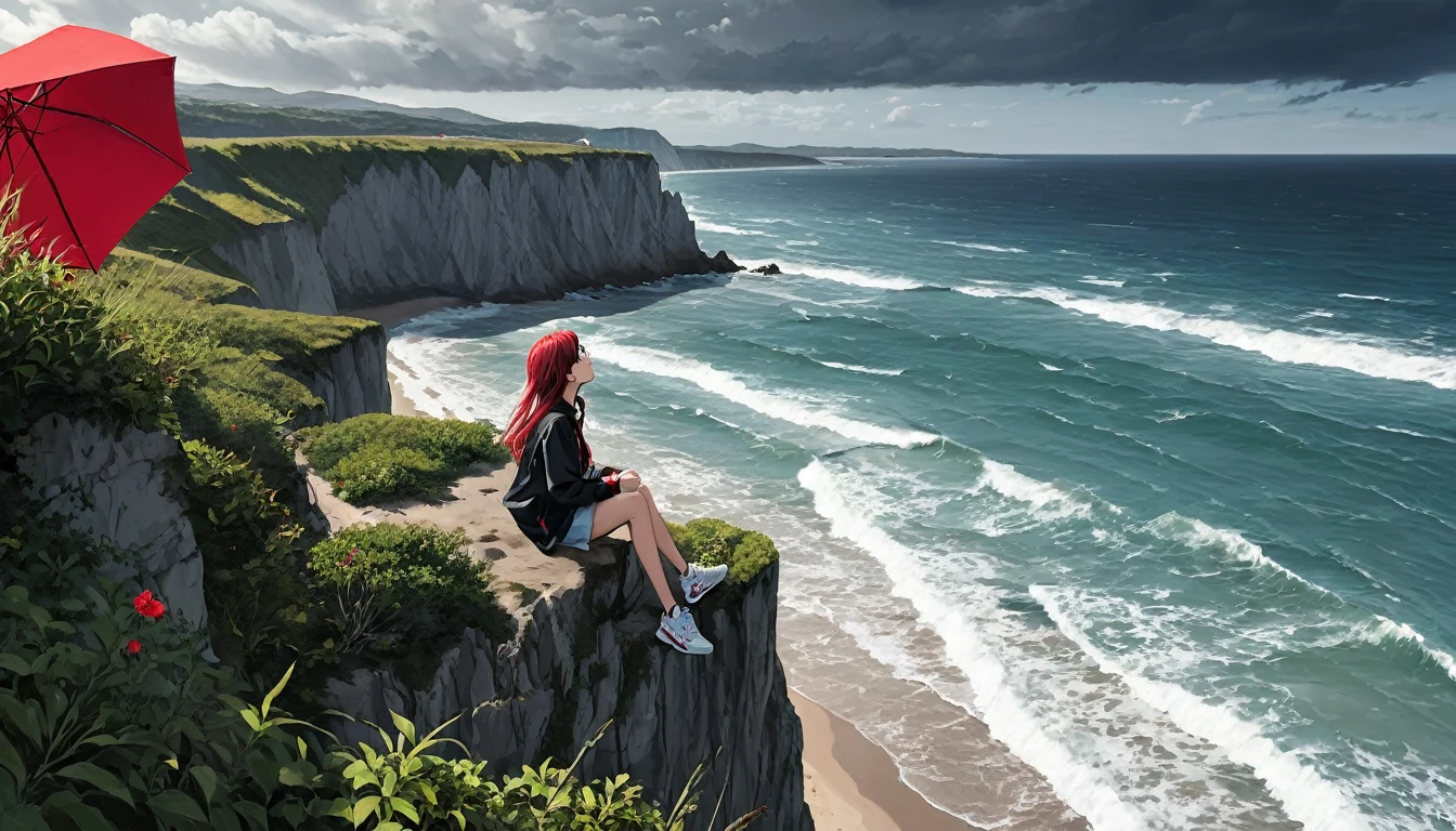 Sea with waves. A sky with dark clouds. A beautiful beach with cliffs. A 16-year-old girl sits precariously on a high cliff with a red umbrella. Her girl's hair blows in the wind. She girl is planting bb sneakers. Five pretty fingers.