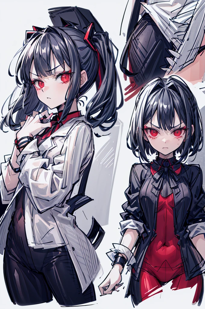 (full body) (same character front, back, side view) (model sheet) (multiple views of the same character), beautiful red eyes, anime woman, perfect anatomy, delicate face, short black hair, skin very white, black nails, black lips, wearing black leggins, small black t-shirt, black choker with spikes, black bracelets