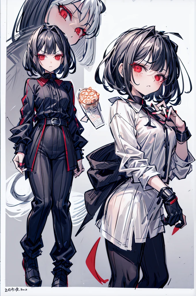 (full body) (same character front, back, side view) (model sheet) (multiple views of the same character), beautiful red eyes, anime woman, perfect anatomy, delicate face, short black hair, skin very white, black nails, black lips, wearing black leggins, small black t-shirt, black choker with spikes, black bracelets