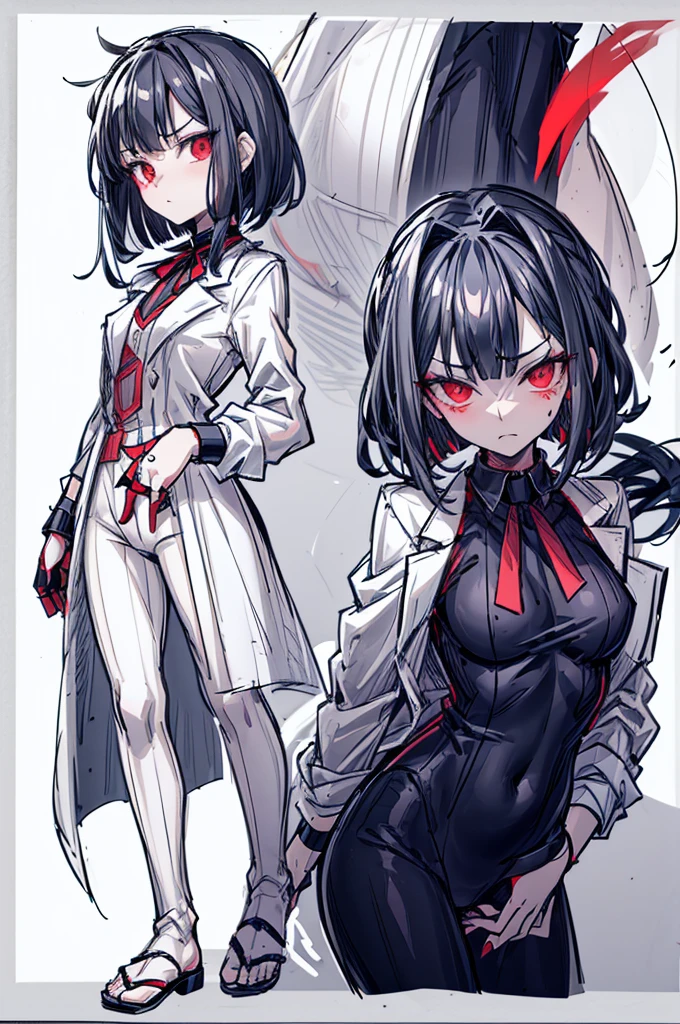 (full body) (same character front, back, side view) (model sheet) (multiple views of the same character), beautiful red eyes, anime woman, perfect anatomy, delicate face, short black hair, skin very white, black nails, black lips, wearing black leggins, small black t-shirt, black choker with spikes, black bracelets