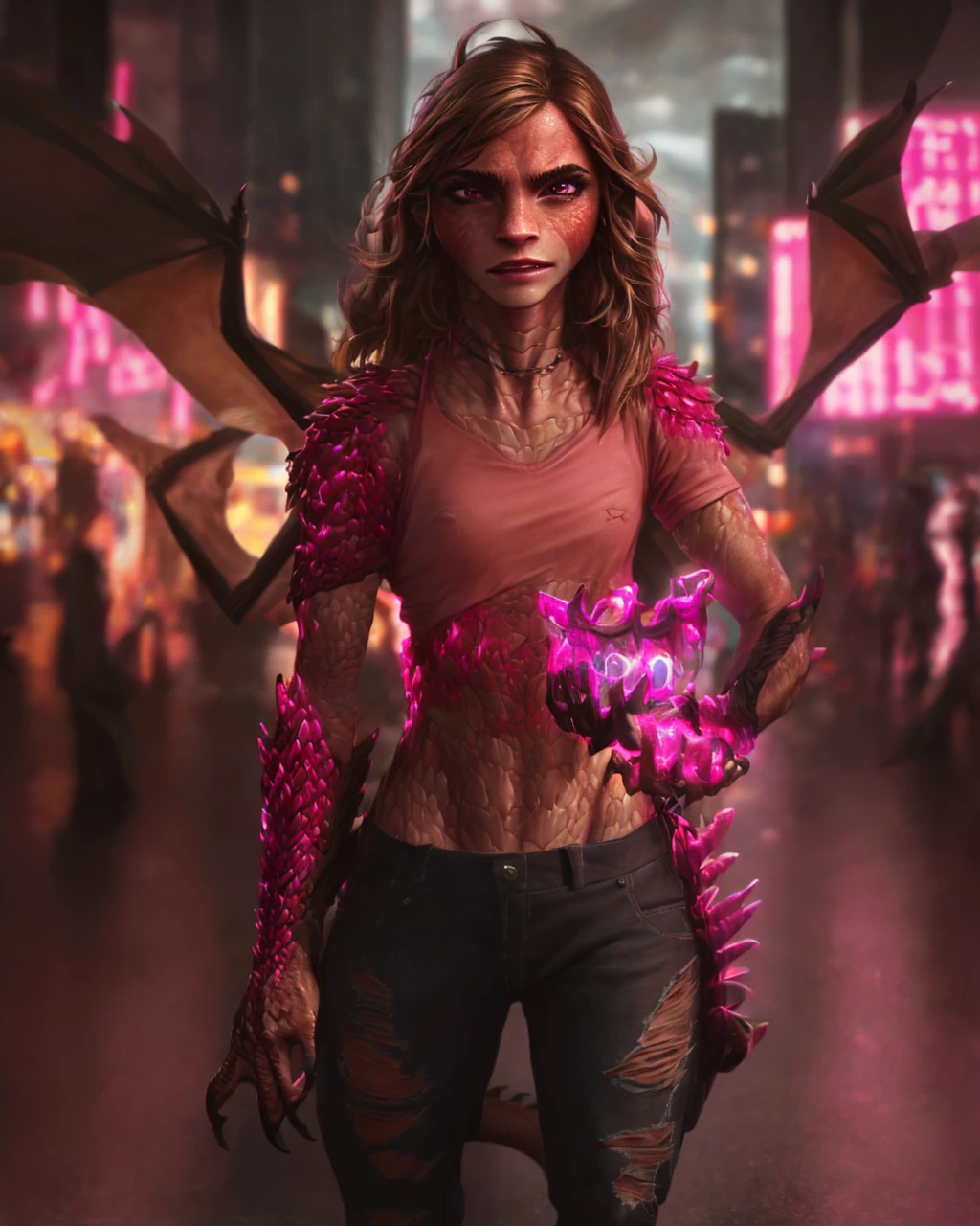 1girl, ewt, Emma watson, beautiful detailed eyes, beautiful detailed lips, extremely detailed eyes and face, long brown hair, pink t-shirt, jeans, standing on a street corner, award winning, intricate details, photorealistic, cinematic lighting, volumetric lighting, depth of field, beautiful face, striking pose, dynamic composition, vivid colors, warm tones, transformation into a dragon
