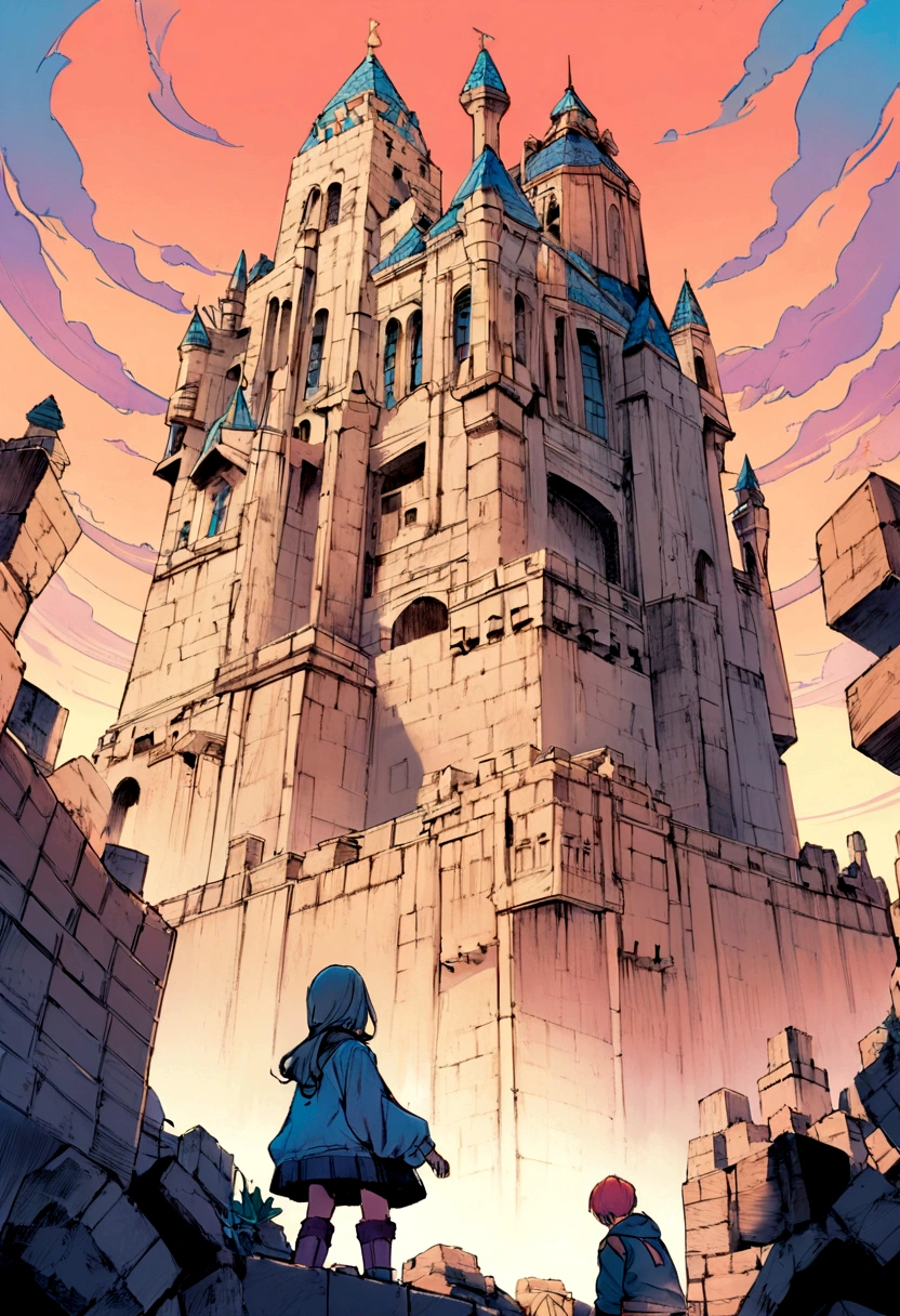 Create a hyper-realistic digital image Hands. One pair of weathered, calloused hands (Gen X) lays a foundation of building blocks. Above them, another pair of youthful hands (Gen Z) builds a fantastical castle on top of the foundation, seemingly oblivious to the base below, 90’s comic book style