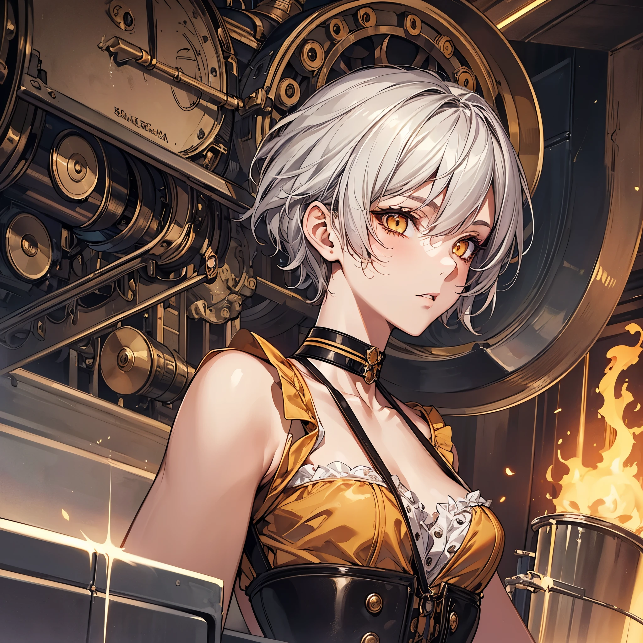 masterpiece, Highest quality, Perfect Face, Highest Resolution, Highest quality,Detailed depiction of the eyes, 1 girl, young, slender body, Short, deep tan skin, slate gray hair, short hair, upturned eyes, Yellow Orange eyes, Perfect Anatomy, steampunk, ribbon choker, Work clothes, steam locomotive, station
