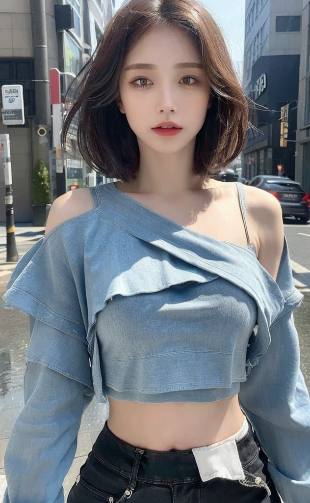 ((Best Quality, 8K, Masterpiece:1.3)), Focus:1.2, Perfect Body Beauty:1.4, Buttocks:1.2, ((Layered Haircut, Breasts:1.2)), (Wet Clothes:1.1) , (Rain, Street:1.3), (Loose Crop Top :1.5), (Loose Top with Highly Detailed Face and Skin Texture, Fine Eyes, Double Eyelids, Whitening Skin, Long Hair, (Shut Up: 1.3)