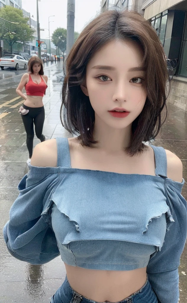 ((Best Quality, 8K, Masterpiece:1.3)), Focus:1.2, Perfect Body Beauty:1.4, Buttocks:1.2, ((Layered Haircut, Breasts:1.2)), (Wet Clothes:1.1) , (Rain, Street:1.3), (Loose Crop Top :1.5), (Loose Top with Highly Detailed Face and Skin Texture, Fine Eyes, Double Eyelids, Whitening Skin, Long Hair, (Shut Up: 1.3)