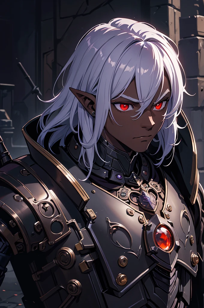 masterpiece, best quality, ultra high res, dark theme, 1boy, (dungeonpunk armor), (mechanical steampunk armor), (wearing armor), fantasy illustration, dark skinned, human, upper body, portrait, red eyes, long white hair, half-drow, pointy ears, serious face, young man, dramatic lighting, purple hue, art by Kinema Citrus