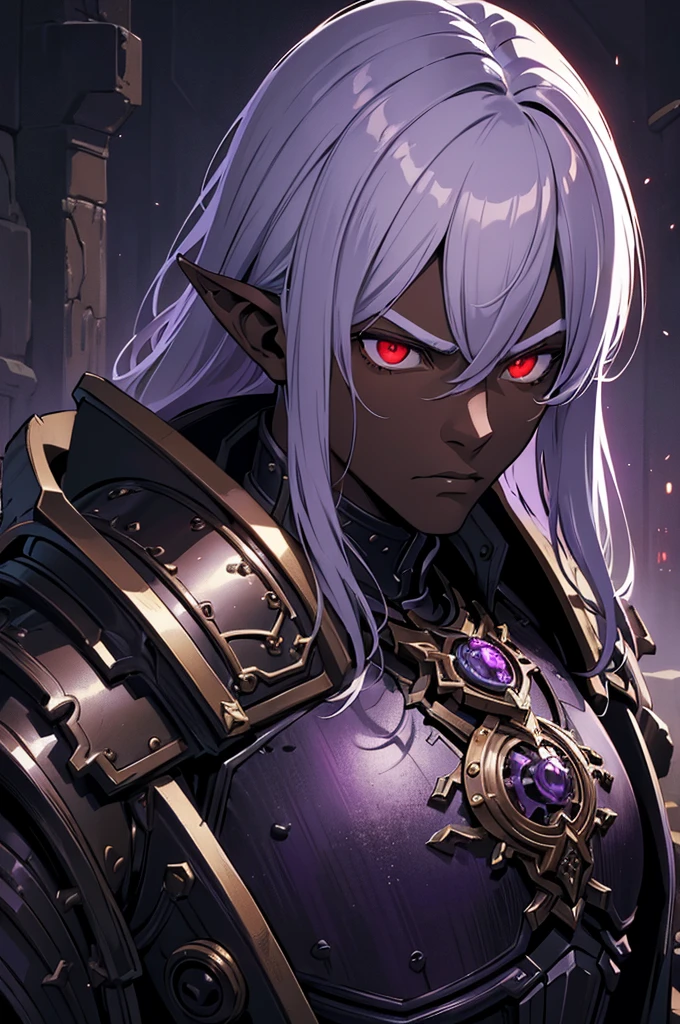 masterpiece, best quality, ultra high res, dark theme, 1boy, (dungeonpunk armor), (mechanical steampunk armor), (wearing armor), fantasy illustration, dark skinned, human, upper body, portrait, red eyes, long white hair, half-drow, pointy ears, serious face, young man, dramatic lighting, purple hue, art by Kinema Citrus
