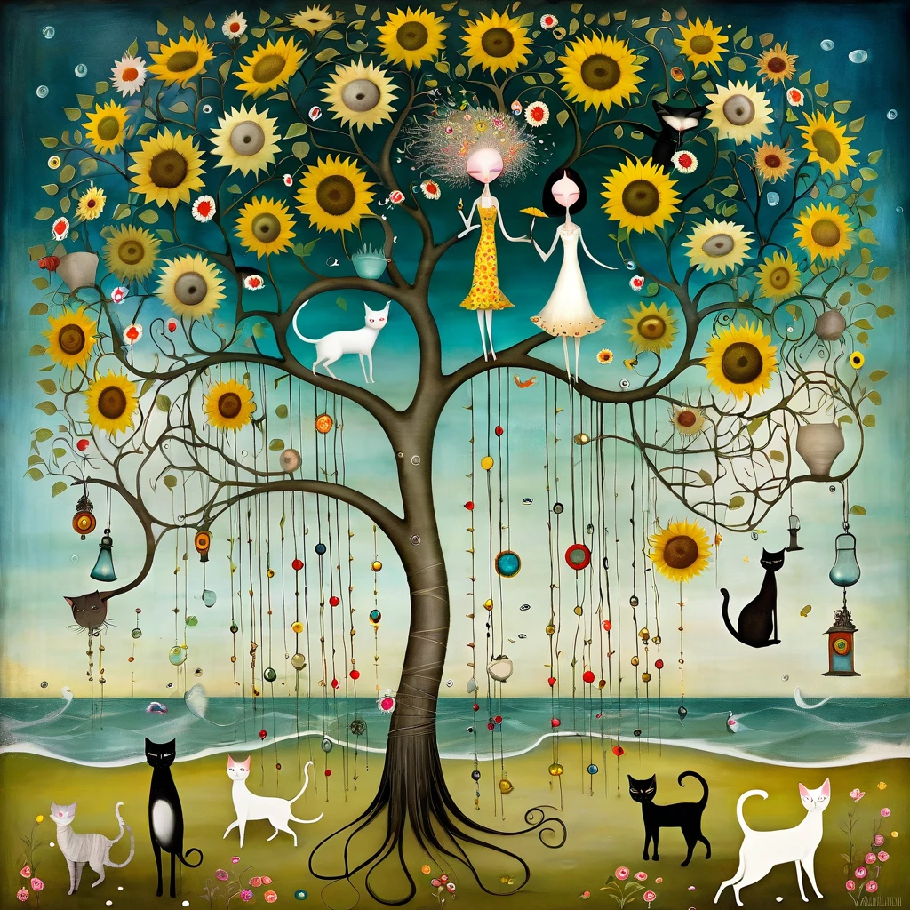 style inspired by Klimt, Nicoletta Ceccoli, Catrin Welz-Stein, Didier Lourenço, and Leonora Carrington.
In the seascape of a beach a large tree with many branches moving in every direction, with sunflower flowers and Flower shower head. On the branches are cats, with long necks and tails and many-colored walking, sleeping.