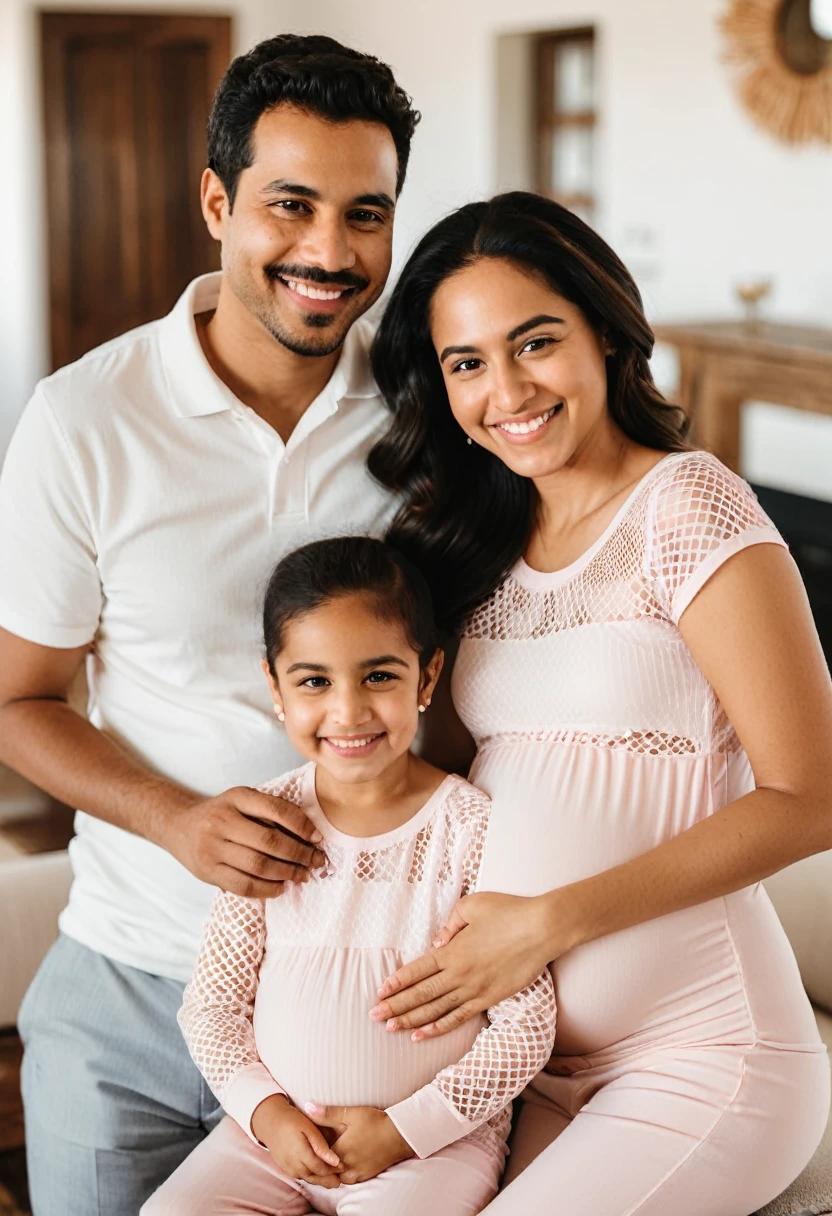 A heartwarming family photo featuring two pregnant sisters, one of Middle-Eastern descent and the other of Hispanic descent, both in their 5th month. They are wearing see-through pink bodysuits. One sister is sitting on the lap of her South Asian father, while the other sits on the lap of her Caucasian brother. They both have content and serene expressions, with their hands gently resting on their baby bumps. The fathers of their babies, one Black and the other White, are standing nearby, smiling warmly at their partners. The background is a cozy, sunlit living room with comfortable furniture and emanating a sense of familial love.
