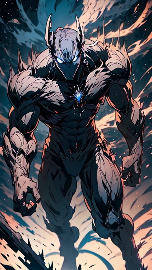 naughty man;
masculine;
brawny;
Platinum colored hair;
long and spiky hair;
bluish gray skin (avatar type);
Plasma veins;
Black colored eyes;
Cao Cao;
space background;
Kaiju humanoid