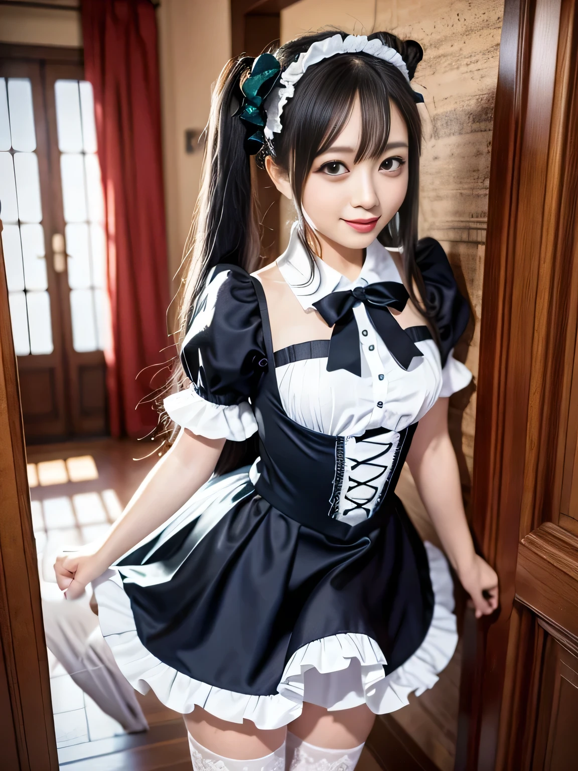 clean the hallway、((masterpiece)), ((Highest quality、Ultra-high resolution)), (Very detailed),8K、Photo quality、((Amazingly cute girl)), 16-year-old girl, (Beautiful emerald blue eyes), ((smile)), Beautifully arranged black hair in twin tails、whole body、(Super high-end white see-through summer gothic lolita maid costume、A super mini skirt with lots of frills)、Professional Lighting、(White lace knee-high socks)、