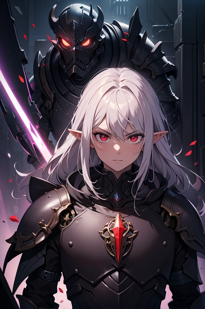 masterpiece, best quality, ultra high res, dark theme, 1boy, (dungeonpunk armor), (mechanical steampunk armor), (wearing armor), fantasy illustration, dark skinned, human, upper body, portrait, red eyes, long white hair, half-drow, pointy ears, serious face, young man, dramatic lighting, purple hue, art by Kinema Citrus