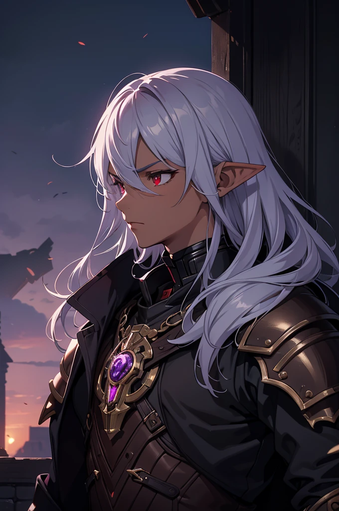 masterpiece, best quality, ultra high res, dark theme, 1boy, (dungeonpunk armor), (mechanical steampunk armor), (wearing armor), fantasy illustration, dark skinned, human, upper body, portrait, red eyes, long white hair, half-drow, pointy ears, serious face, young man, dramatic lighting, purple hue, art by Kinema Citrus