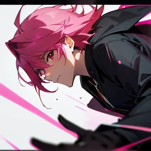(Highest quality), (masterpiece), (Super detailed), (Shortcuts), (Two-block hair), (Bright pink hair), (Red eyes), (Cool pose), (Black suit), (neon), (Modern city), (neonデイライト), (Cinematic), (stylish), (High resolution), (Soft Town), (Nightcore), (a handsome guy), (PSYCHO-PASS anime style), (Low - Angle), (it&#39;s raining), 