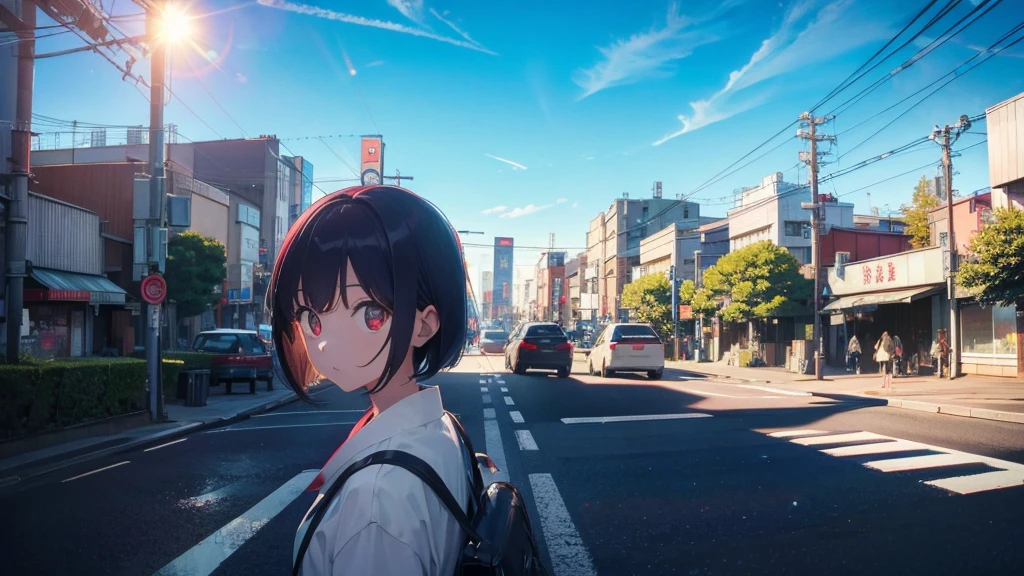 blue sky,Daytime,sun,Cars passing by on the road,Tokyo city,traffic jam,Short bob and red eyes girl1