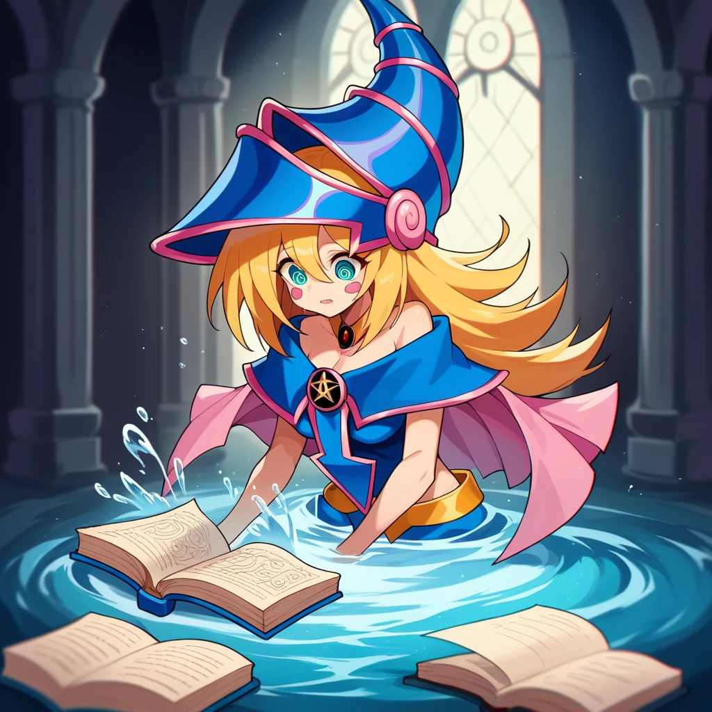 dark magician girl, masterpiece, best quality, (1girl), solo, (water), long hair, blonde hair, blue headwear, wizard hat, spell casting, castle, castle:2, motion blur, book, magic, (moonlight:1.2), chromatic aberration, depth of field, soft lighting, highly detailed face, highly detailed eyes,