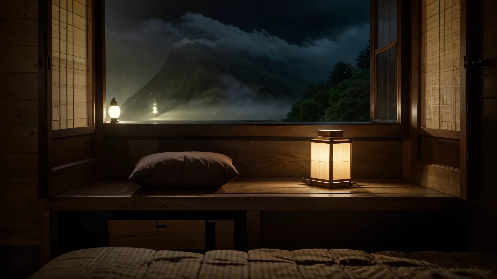 Beyond the bottom bed of the screen,the view outside the door is full of screens, and on the front, a cozy bed is close-up on the side. Outdoor scenery that occupies the entire screen A small wooden table under the bed holds a glowing lamp. The warm light contrasts with the cool colors outside.japan , ultra detailed bedroom, There are pots on the table, adding a little green color. It's an outdoor wooden boat wet, heavy fog, wet, deep forest, Beyond the fully open balcony, you can see traditional Japanese houses through dense leaves. Their silhouettes are gently illuminated by the ambient light. Dark and cloudy skies suggest evening or cloudy days. prodigious amounts of information, realistic, HD, clear, high resolution, ultra wide shot, depth of field, bokeh, cinematic atmosphere., Macro photography, close-up, hyper detailed, trending on artstation, sharp focus, studio photo, intricate details, highly detailed, modern japanese bedroom, rock, dark forest view,
