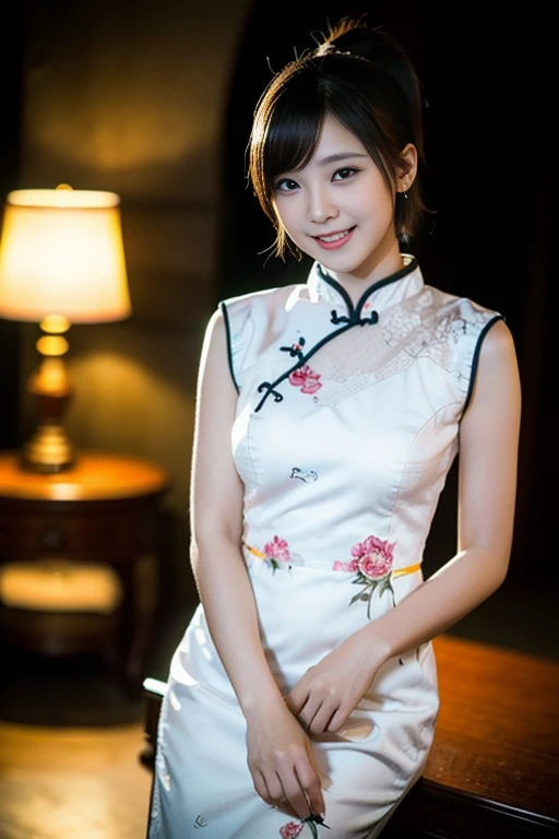 (masterpiece, a gorgeous lady,  18, wearing a light-color traditional Qipao, relaxing in the Batcave, dimpled smile, short bob hair, ponytail, cute snaggleteeth, well-endowed round bosom, smooth porcelain skin, detailed face, beautiful detailed eyes, photorealistic, hyper-realism, high contrast, ultra HD, realistic skin texture, top image quality, top-quality, super high resolution, fine details, very meticulously, bokeh dark background, head to thigh)