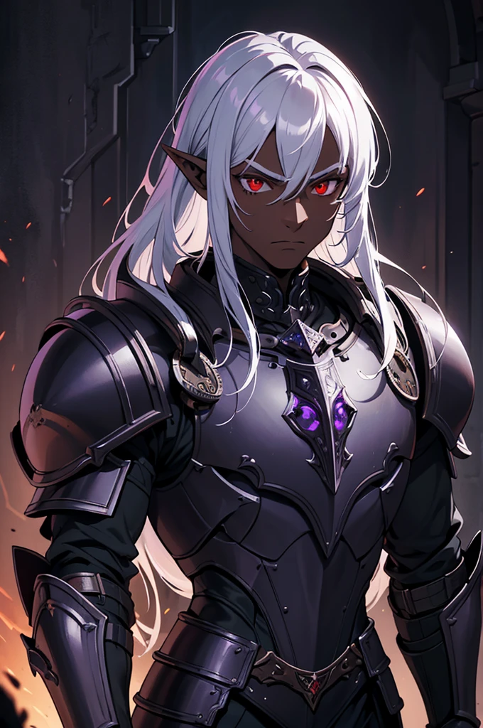 masterpiece, best quality, ultra high res, dark theme, 1boy, (dungeonpunk armor), (mechanical steampunk armor), (wearing armor), fantasy illustration, dark skinned, human, upper body, portrait, red eyes, long white hair, half-drow, pointy ears, serious face, young man, dramatic lighting, purple hue, art by Kinema Citrus