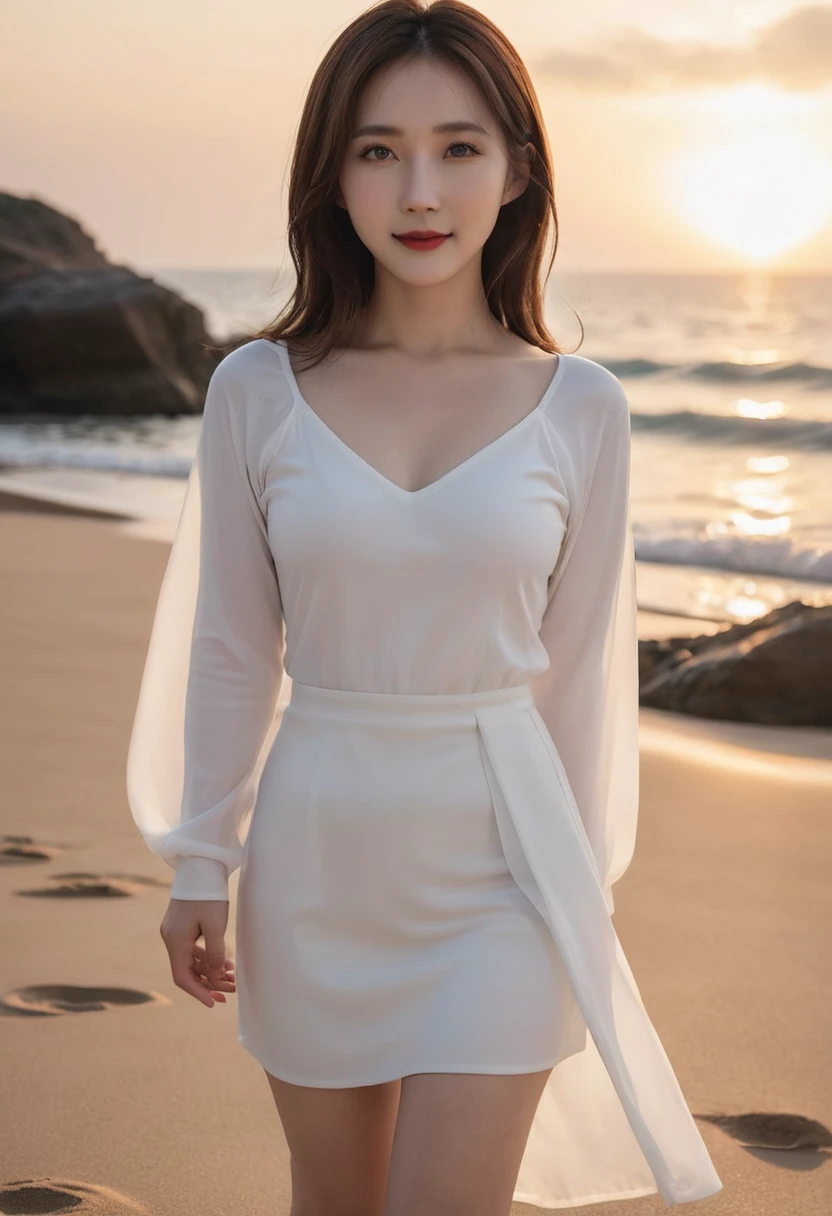 ((Top Quality)), ((8K)), ((Masterpiece: 1.3)), (Perfect Appearance), (Photorealism: 1.6), (Japanese woman walking on the beach with the sunset in the background: 1.4), (sandy beach at sunset), (The sea dyed red by the sunset), (The setting sun is dazzling), (Backlit), (Mont Saint Michel can be seen in the background: 1.2), japanese woman, (48 years old), (back view), (turn around), ((Standing upright, facing forward, center of screen)), ((Realistic skin texture)), (Fine wrinkles throughout the skin: 1.3), (Dull skin: 1.1), (Skin without moisture: 1.2) , (Wrinkles on the face: 0.9), (Wrinkles on the corners of the eyes: 1.2), Double eyelids, tear bags on the lower eyelids, (Crying moles: 0.9), The eyes are looking here, serious gaze, (Dimples: 1.2), smile with the corners of the mouth raised wide, straight medium length, hair fluttering in the wind, soft fabric blouse, (transparent blouse: 1.3), (Plump and glamorous body), (wide sleeves), (Cuffs that fit your wrist), (The hem of the blouse is tucked into the skirt: 1.2), (long skirt: 1.2), (Bare feet wet with seawater), (whole body: 1.3), Angle from feet: 1.2,
