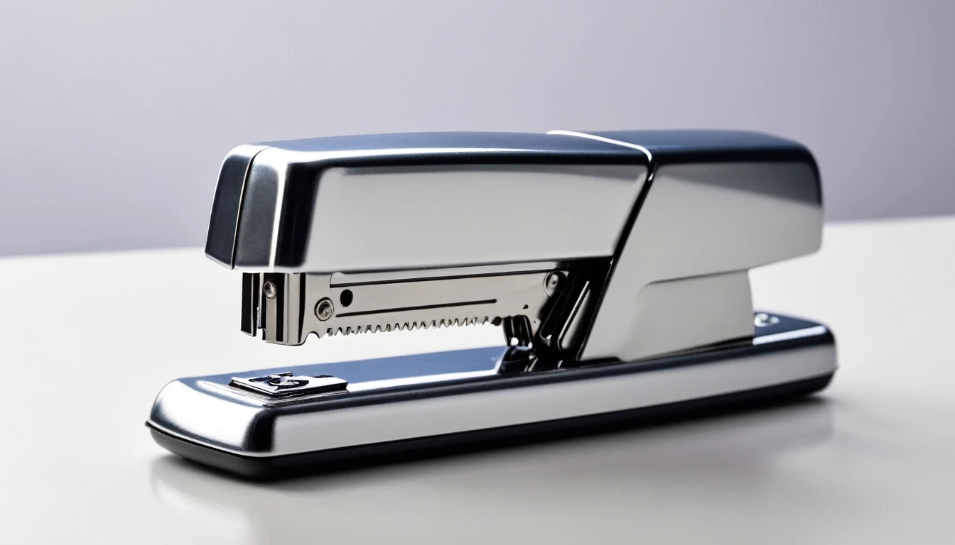 a stapler, office tool, detailed metal stapler, shiny metallic surface, realistic, photorealistic, 8k, highly detailed, intricate details, studio lighting, clean background, sharp focus, professional product photography