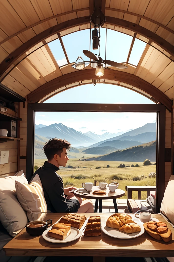 A husband and wife are relaxing in a glamping area with their caravan. The atmosphere above the mountains is quite cold. They enjoyed hot coffee as well as a few slices bread and pastries. Very peaceful.