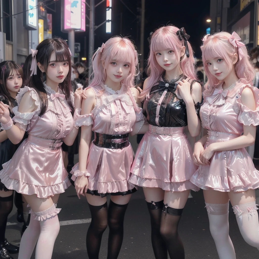 8K resolution, surreal, Super detailed, high quality, perfect anatomy, jammed, (7 girls)++, group shot, grin, smiling, Phenomenally cute, perfect proportion, full body, (((shiny pink satin, shiny pink latex, jirai fashion, short dress with many frills, pink Lace, micro mini skirt, bow ribbon)))+, (((bleached hair)))+, ((extra large breasts)), ((crowded with girls)), ((At the middle of most crowded Shibuya street at late night:1.2)), ((see-through black thighhighs))+, looking at viewer
