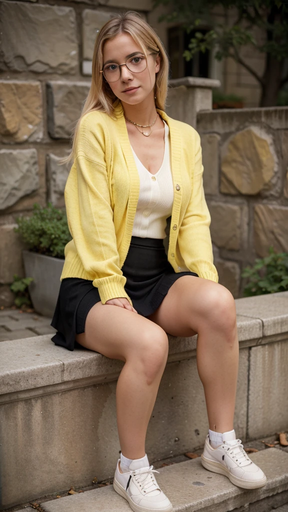 a woman 18 years blonde sitting on a stone step wearing glasses and a yellow cardigan sweater and black mini skirt with a white collar pet, academic art, , a character portrait, professional photo