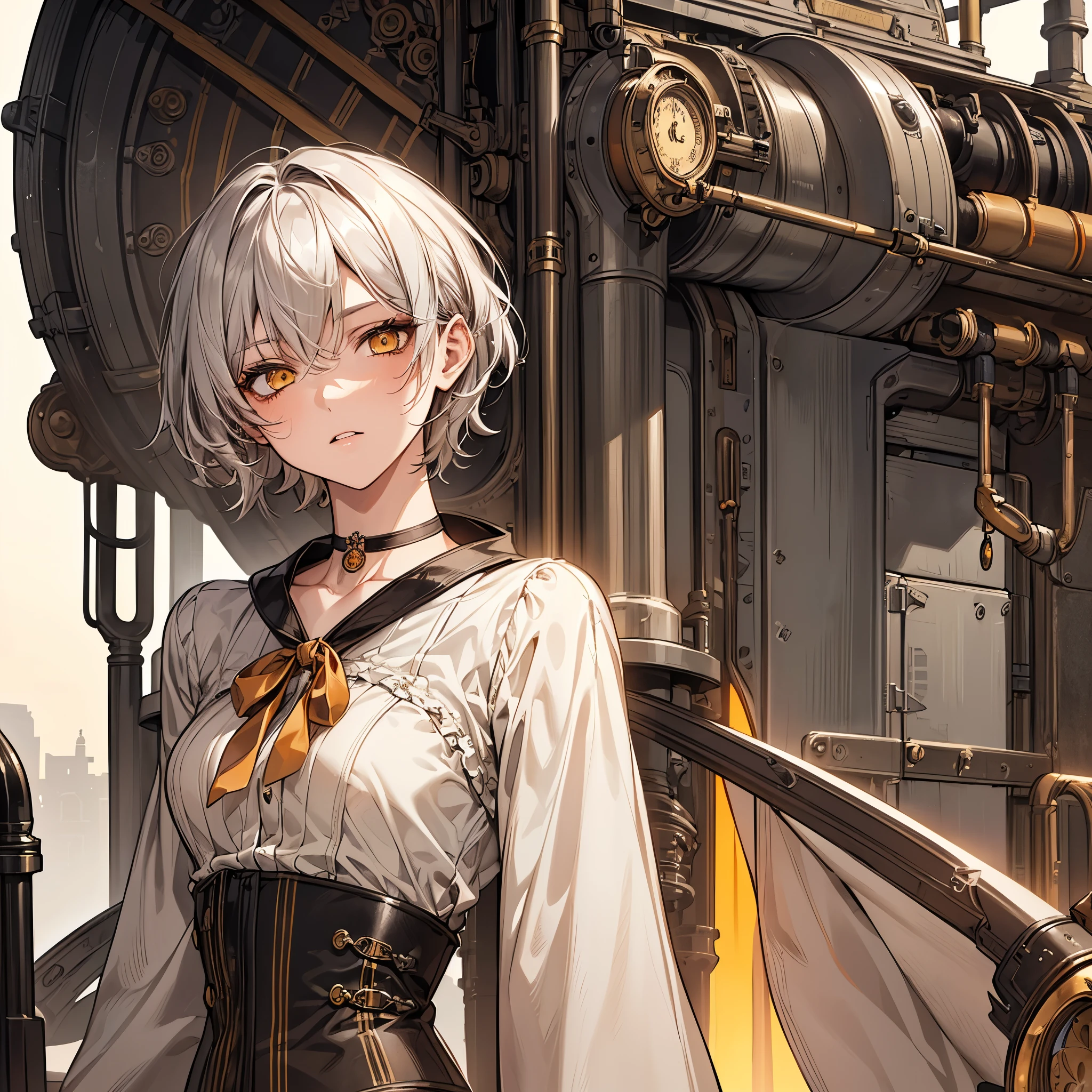 masterpiece, Highest quality, Perfect Face, Highest Resolution, Highest quality,Detailed depiction of the eyes, 1 girl, young, slender body, Short, deep tan skin, slate gray hair, short hair, upturned eyes, Yellow Orange eyes, Perfect Anatomy, steampunk, ribbon choker, Work clothes, steam locomotive, station