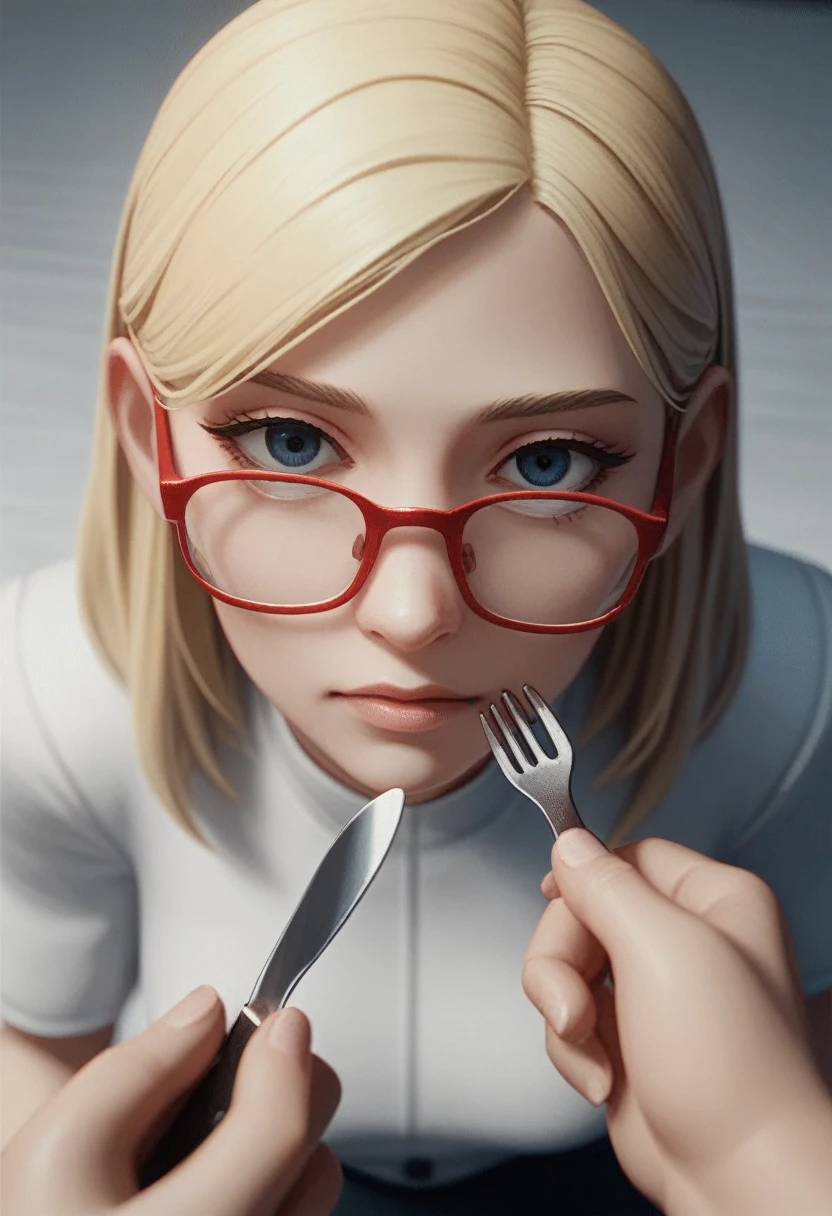 a woman with red glasses, blonde, Grinning, with fork in hands, view from above, thrill, kda, telegrama design, 3d animated, 3D animated.