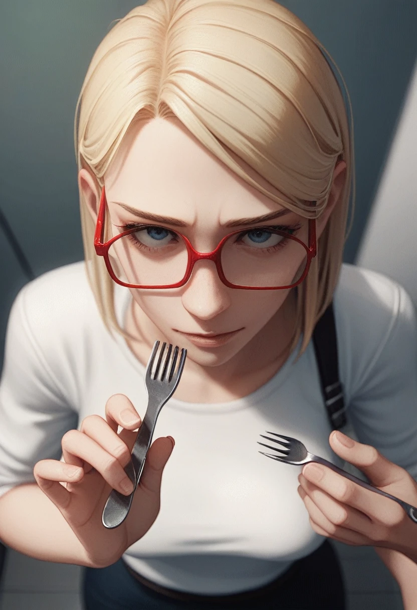 a woman with red glasses, blonde, Grinning, with fork in hands, view from above, thrill, kda, telegrama design, 3d animated, 3D animated.