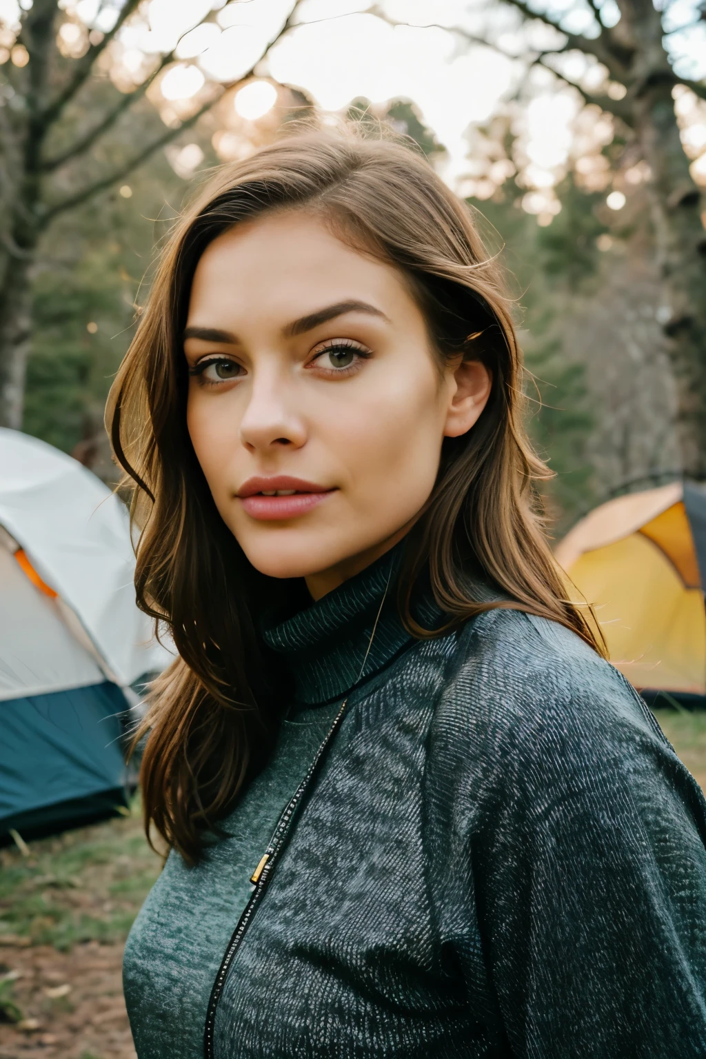 Hyperrealistic, Trending on ArtStation, Sexy Woman, Solo Portrait, Showcasing Curves, Long Sleeves, Black Turtleneck, Setting Up a Tent at a Campsite Surrounded by Nature, Evening Light, Campfire in the Background, Cozy and Adventurous Atmosphere, Analog Photograph, Professional Fashion Photoshoot, Masterpiece, Krrrsty, Brown Hair with Highlights, Charming Smile, High Resolution, Ultra-Detailed, Maximum Detail, Rough Texture, Realistic Skin Texture, Detailed Eye Makeup, Sharp Focus, Deep Depth of Field, K
