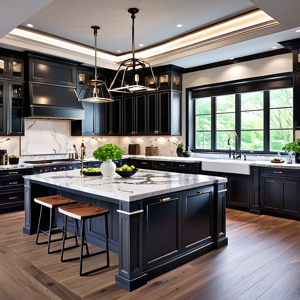 Design a high-end kitchen that exudes modern luxury. The kitchen should have white cabinets and black countertops, with multiple islands providing additional workspace and seating areas. The floor should feature exquisite marble with complex patterns to add a touch of sophistication. Use pendant lights hanging from the ceiling and integrated LED lighting under the cabinets and islands to illuminate the space beautifully. Equip the kitchen with the latest appliances and ensure the overall design is minimalistic, functional, and elegant