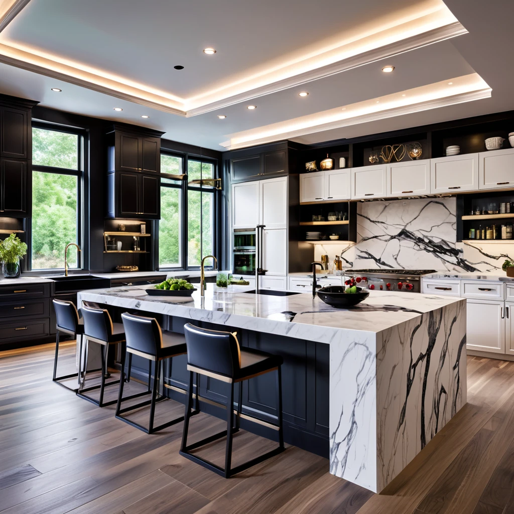 Design a high-end kitchen that exudes modern luxury. The kitchen should have white cabinets and black countertops, with multiple islands providing additional workspace and seating areas. The floor should feature exquisite marble with complex patterns to add a touch of sophistication. Use pendant lights hanging from the ceiling and integrated LED lighting under the cabinets and islands to illuminate the space beautifully. Equip the kitchen with the latest appliances and ensure the overall design is minimalistic, functional, and elegant