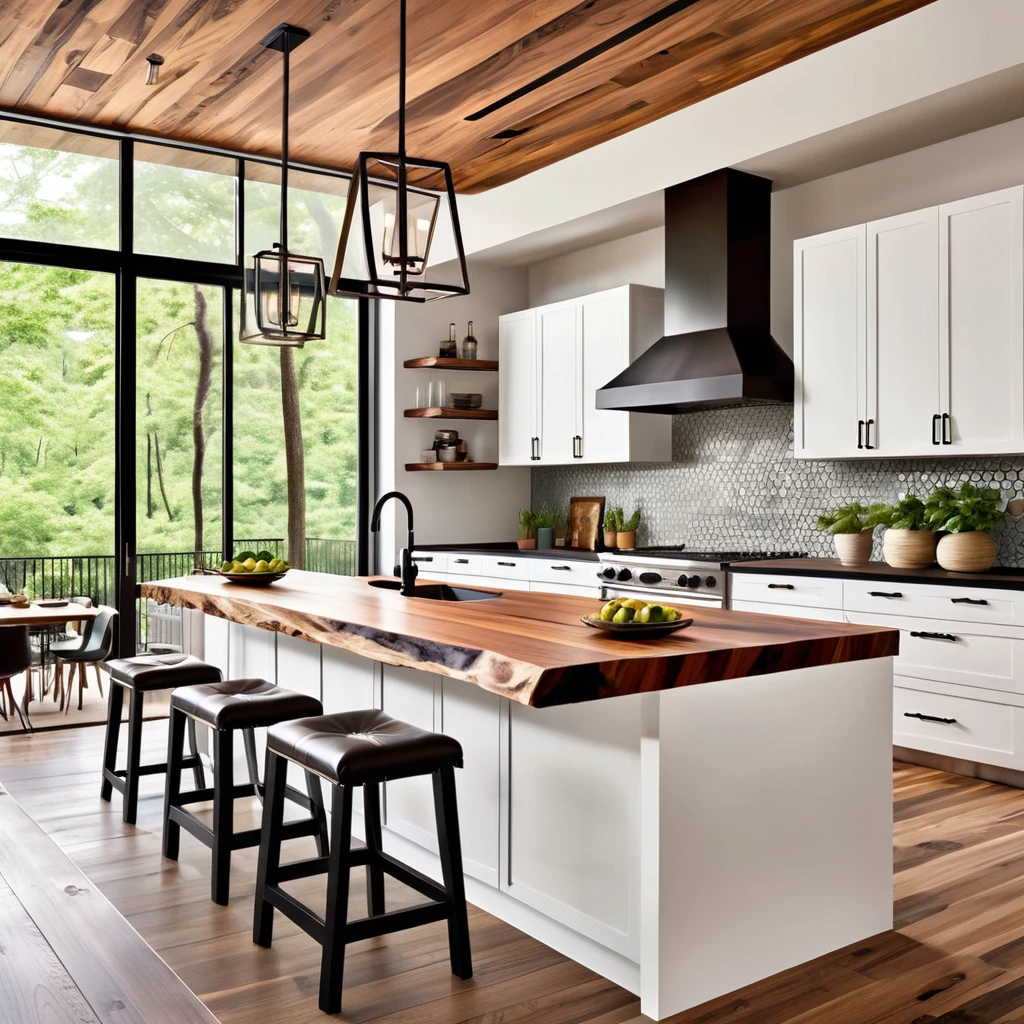 Design a modern kitchen with a rustic touch, featuring a unique live-edge wooden countertop on the island. The kitchen should have sleek white cabinets and black countertops, creating a clean and contemporary look. Include modern bar stools with geometric designs and pendant lighting above the island to add a stylish touch. The backsplash should be a light, neutral color to enhance the brightness of the space. Ensure the room has ample natural light to create an inviting atmosphere