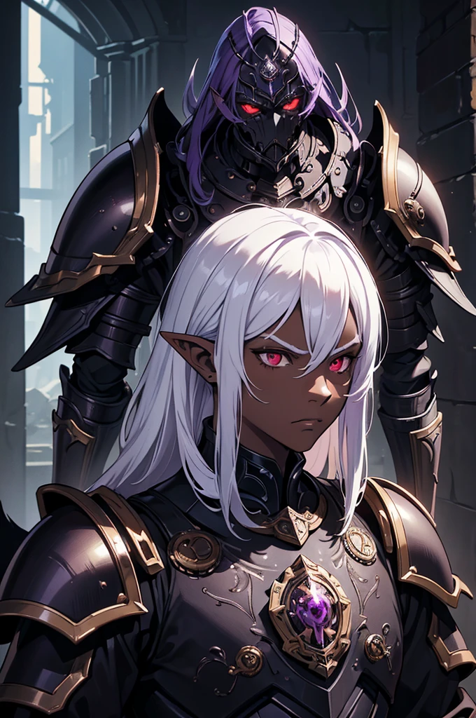 masterpiece, best quality, ultra high res, dark theme, 1boy, (dungeonpunk armor), (mechanical steampunk armor), (wearing armor), fantasy illustration, dark skinned, human, upper body, portrait, red eyes, long white hair, half-drow, pointy ears, serious face, young man, dramatic lighting, purple hue, art by Kinema Citrus