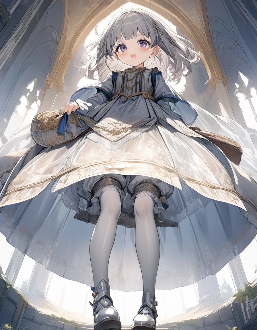 (Highly detailed CG Octane render 8k wallpaper), The most beautiful works of art in the world, Full body shot from below, Complex, High detail, 8Year old girl, Gold and silver embroidery, Grey Pearl Medieval Mini Dress(With panniers), Translucent fabric, Please lift your skirt, Strong winds, Translucent slip, Grey translucent tights, Peeking from below, Highest quality, Disorder of clothing, Lying down, underwear, Show off your thighs, night、Wearing bloomers