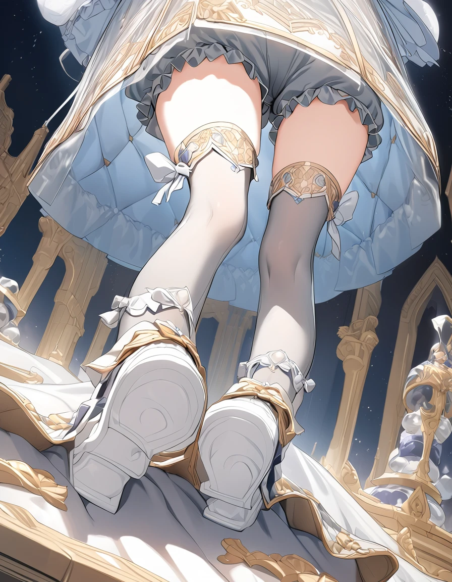 ,1girl,solo,maid_headdress,high_heel_boots,'(hair_over_one_eye),long_sleeves,high_heels,white_thighhighs,blonde_hair,frills,,knee_boots,yellow_eyes,juliet_sleeves,white_apron,braid,black_dress,looking_at_viewer,frilled_apron,puffy_sleeves,short_hair,white_ribbon,garter_straps,small_breasts,bangs,white_footwear,maid_apron,collar,