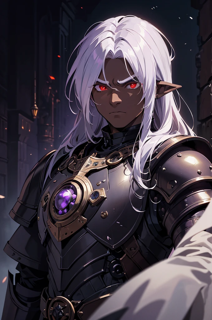 masterpiece, best quality, ultra high res, dark theme, 1boy, (dungeonpunk armor), (mechanical steampunk armor), (wearing armor), fantasy illustration, dark skinned, human, upper body, portrait, red eyes, long white hair, half-drow, pointy ears, serious face, young man, dramatic lighting, purple hue, art by Kinema Citrus