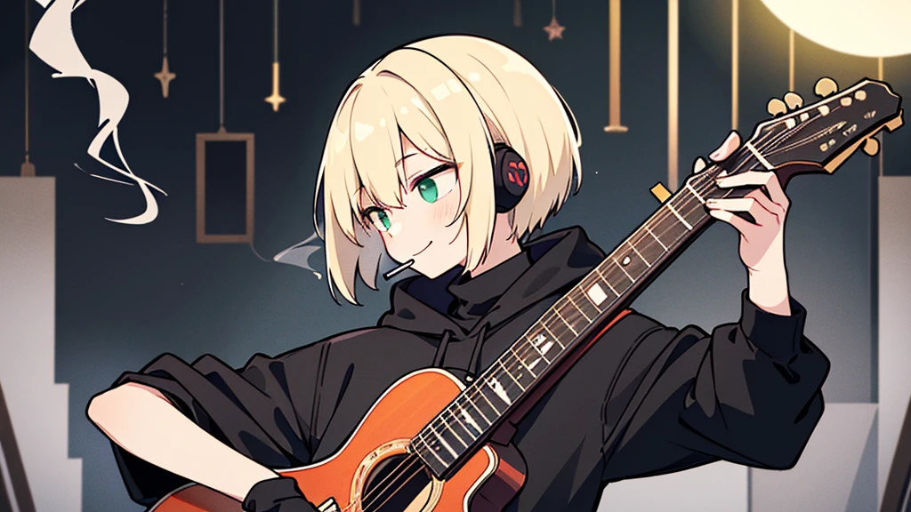 ((highest quality)), ((masterpiece)), (be familiar with), (Playing guitar in a dark room late at night)short hair、perfect face,white half-up hair,green mesh blonde、Smoke a cigarette、cool black hoodie,headphones,black gloves,turtleneck,alone,İcon、profile、Right beside、Expressionless、smile、Light-colored clothing