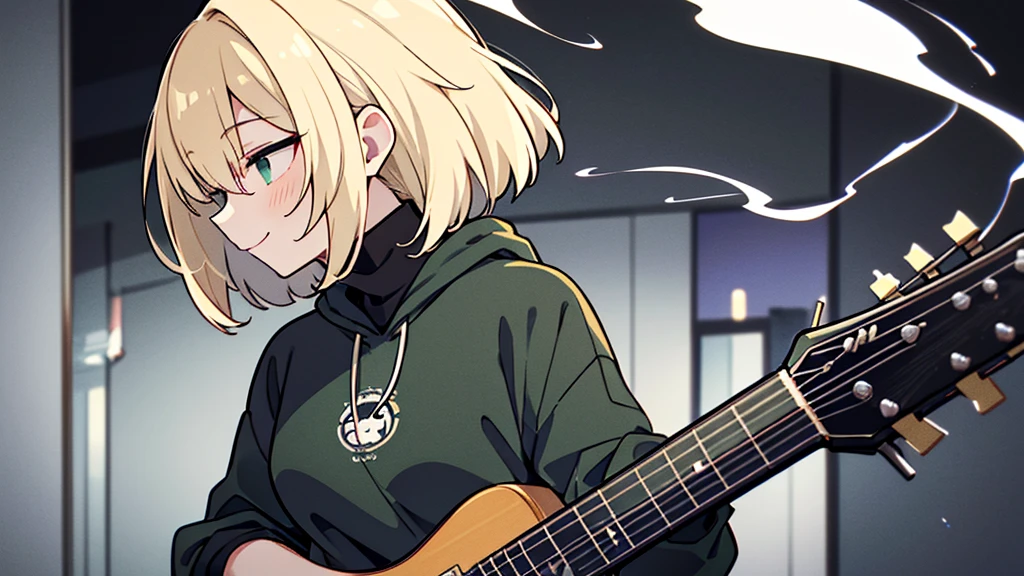 ((highest quality)), ((masterpiece)), (be familiar with), (Playing guitar in a dark room late at night)short hair、perfect face,white half-up hair,green mesh blonde、Smoke a cigarette、cool black hoodie,headphones,black gloves,turtleneck,alone,İcon、profile、Right beside、Expressionless、smile、Light-colored clothing