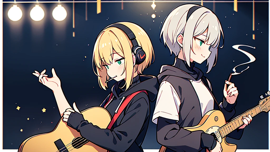 ((highest quality)), ((masterpiece)), (be familiar with), (Playing guitar in the studio)short hair、perfect face,white half-up hair,green mesh blonde、Smoke a cigarette、cool black hoodie,headphones,black gloves,turtleneck,alone,İcon、profile、Right beside、Expressionless、smile、Light-colored clothing