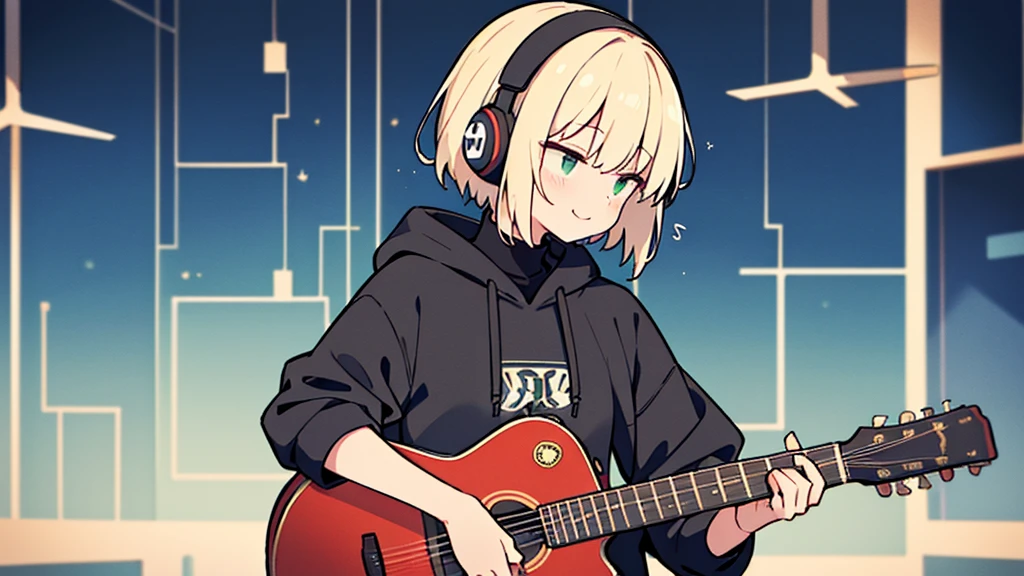 ((highest quality)), ((masterpiece)), (be familiar with), (Playing guitar at a live house)short hair、perfect face,white half-up hair,green mesh blonde、Smoke a cigarette、cool black hoodie,headphones,black gloves,turtleneck,alone,İcon、profile、Right beside、Expressionless、smile、Light-colored clothing