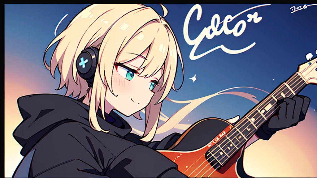 ((highest quality)), ((masterpiece)), (be familiar with), (Playing guitar in the studio)short hair、perfect face,white half-up hair,green mesh blonde、Smoke a cigarette、cool black hoodie,headphones,black gloves,turtleneck,alone,İcon、profile、Right beside、Expressionless、smile、Light-colored clothing