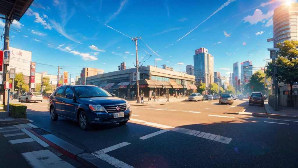 blue sky,Daytime,sun,Cars passing by on the road,Tokyo city,traffic jam,Short bob and red eyes girl1