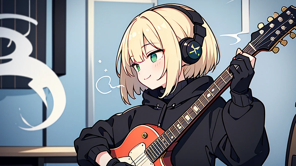 ((highest quality)), ((masterpiece)), (be familiar with), (Playing guitar in the studio)short hair、perfect face,white half-up hair,green mesh blonde、Smoke a cigarette、cool black hoodie,headphones,black gloves,turtleneck,alone,İcon、profile、Right beside、Expressionless、smile、Light-colored clothing