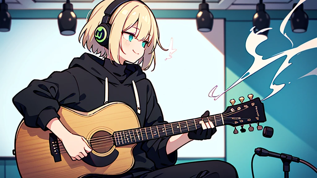((highest quality)), ((masterpiece)), (be familiar with), (Playing guitar in the studio)short hair、perfect face,white half-up hair,green mesh blonde、Smoke a cigarette、cool black hoodie,headphones,black gloves,turtleneck,alone,İcon、profile、Right beside、Expressionless、smile、Light-colored clothing