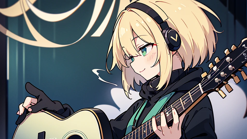 ((highest quality)), ((masterpiece)), (be familiar with), (Playing guitar in the studio)short hair、perfect face,white half-up hair,green mesh blonde、Smoke a cigarette、cool black hoodie,headphones,black gloves,turtleneck,alone,İcon、profile、Right beside、Expressionless、smile、Light-colored clothing